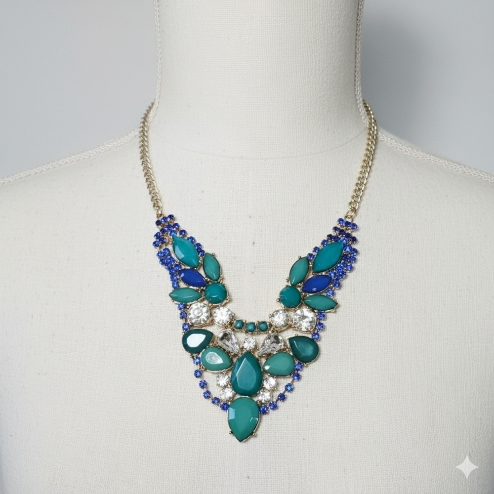 Best of Everything 16-18" Necklace Turquoise Teal Blue Crystal Gold Tone Vintage
